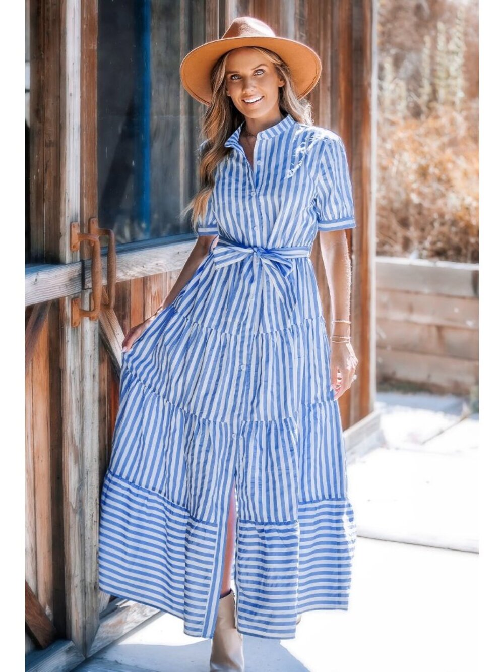 NWT Cupshe Blue Striped Puff Sleeve Front Button Maxi Dress - Size: Small - Picture 12 of 13